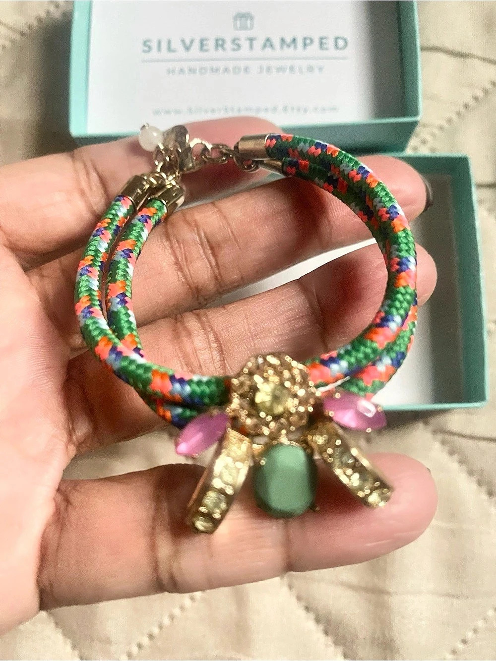 Silverstamped Beaded Charm Bracelet in Green & Pink Like New